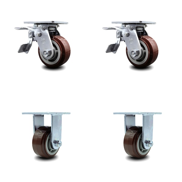 4 Inch Polyurethane Caster Set with Ball Bearing 2 Brakes 2 Rigid
